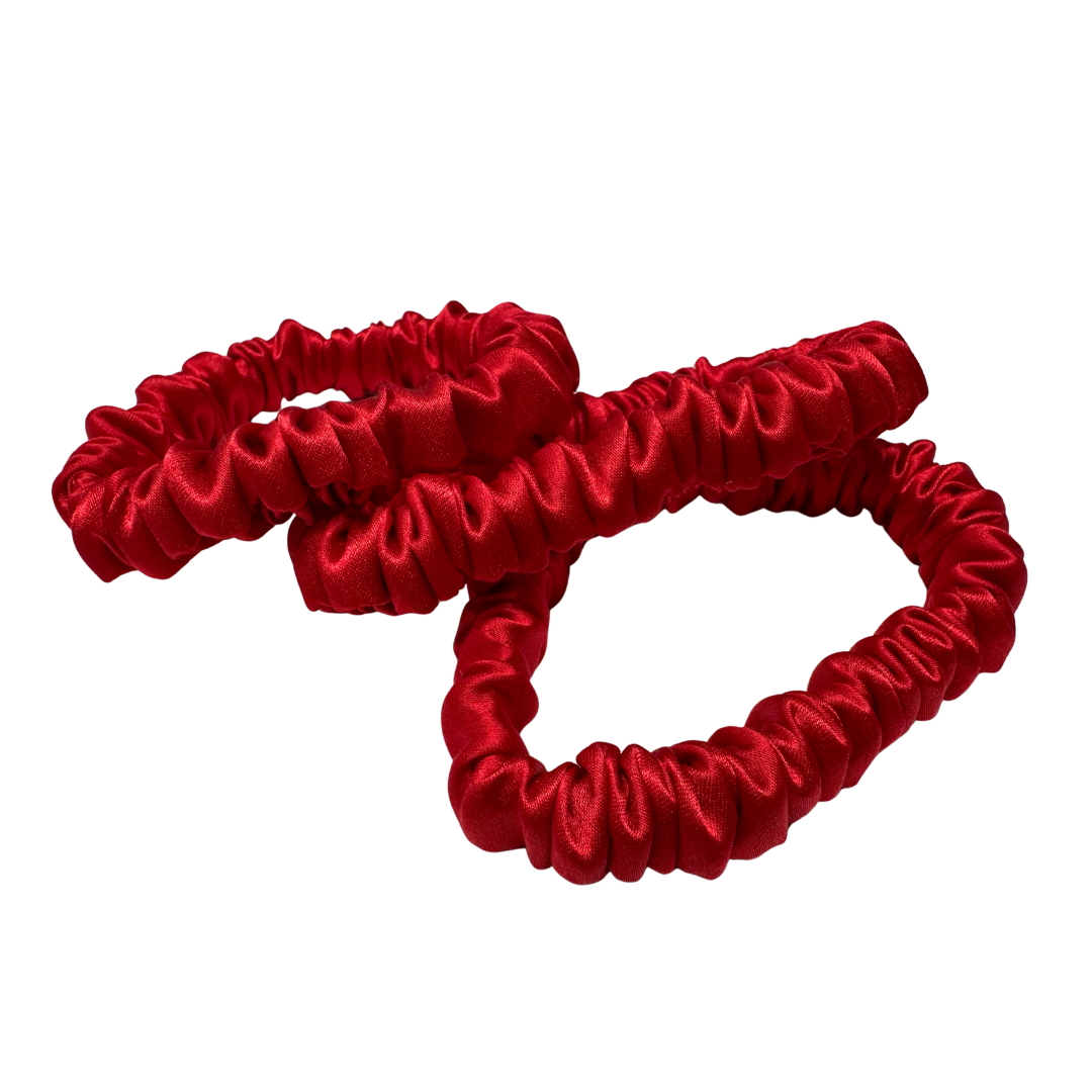 Pomegranate Red Skinny Silk Scrunchie Wholesale from 1 piece, custom silk scrunchie with brand logo low MOQ.
