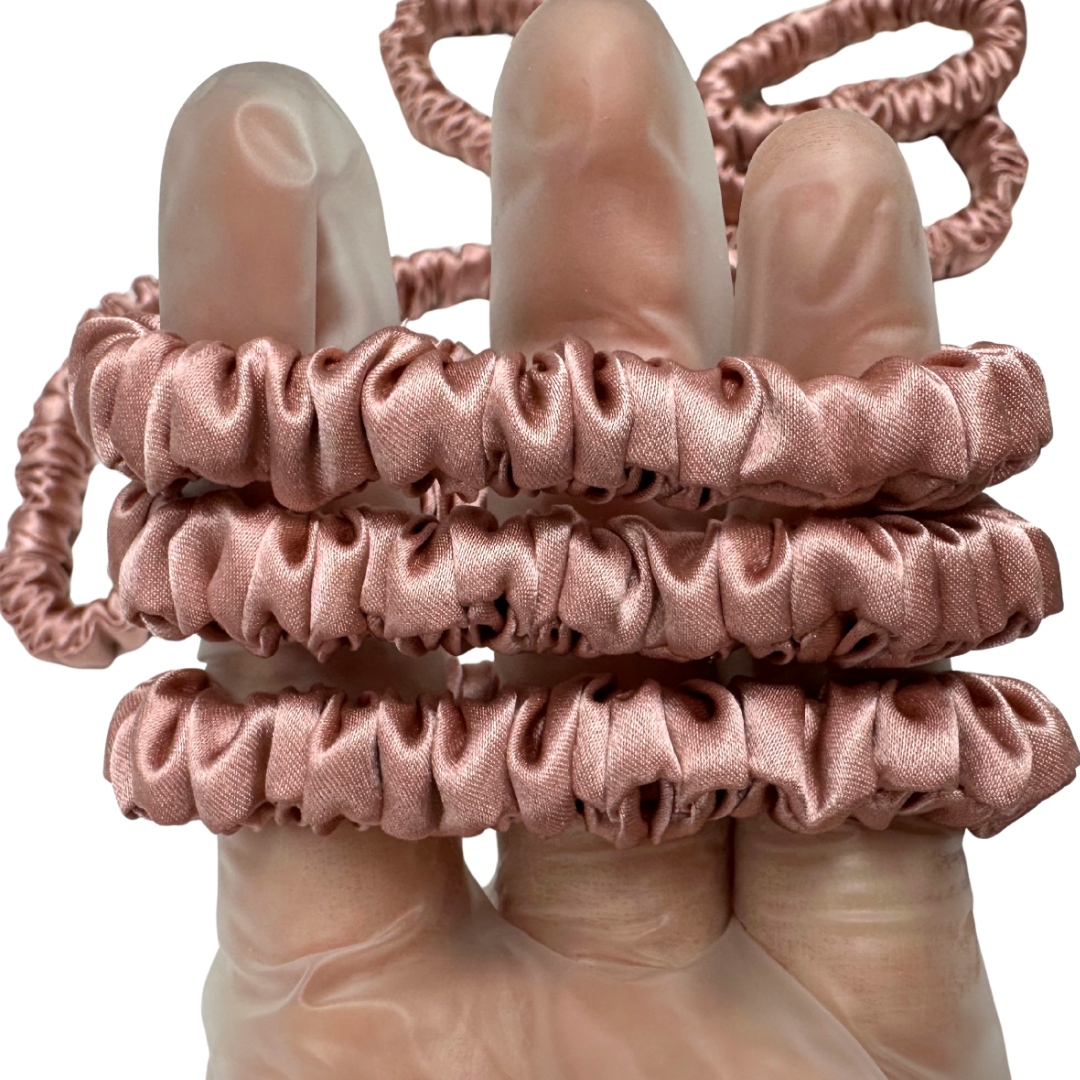 Red Beans Skinny Silk Scrunchie Wholesale from 1 piece, custom silk scrunchies with brand label, low MOQ.