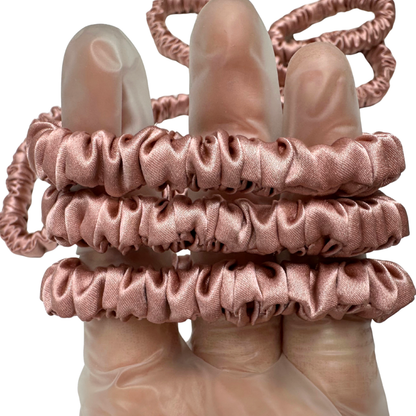 Red Beans Skinny Silk Scrunchie Wholesale from 1 piece, custom silk scrunchies with brand label, low MOQ.