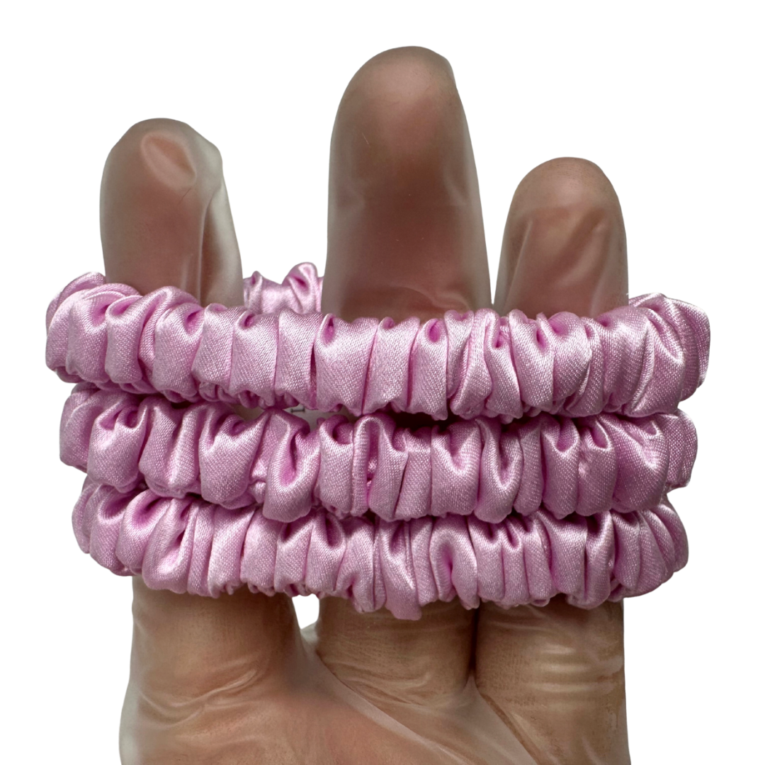 Sakura Skinny Silk Scrunchie Wholesale from 1 piece, custom silk scrunchies with brand label, low MOQ.
