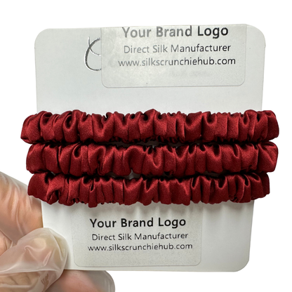 Coke Red Skinny Silk Scrunchie in stock, wholesale silk scrunchie from 1 piece, custom silk scrunchies with logo brand label, low MOQ.