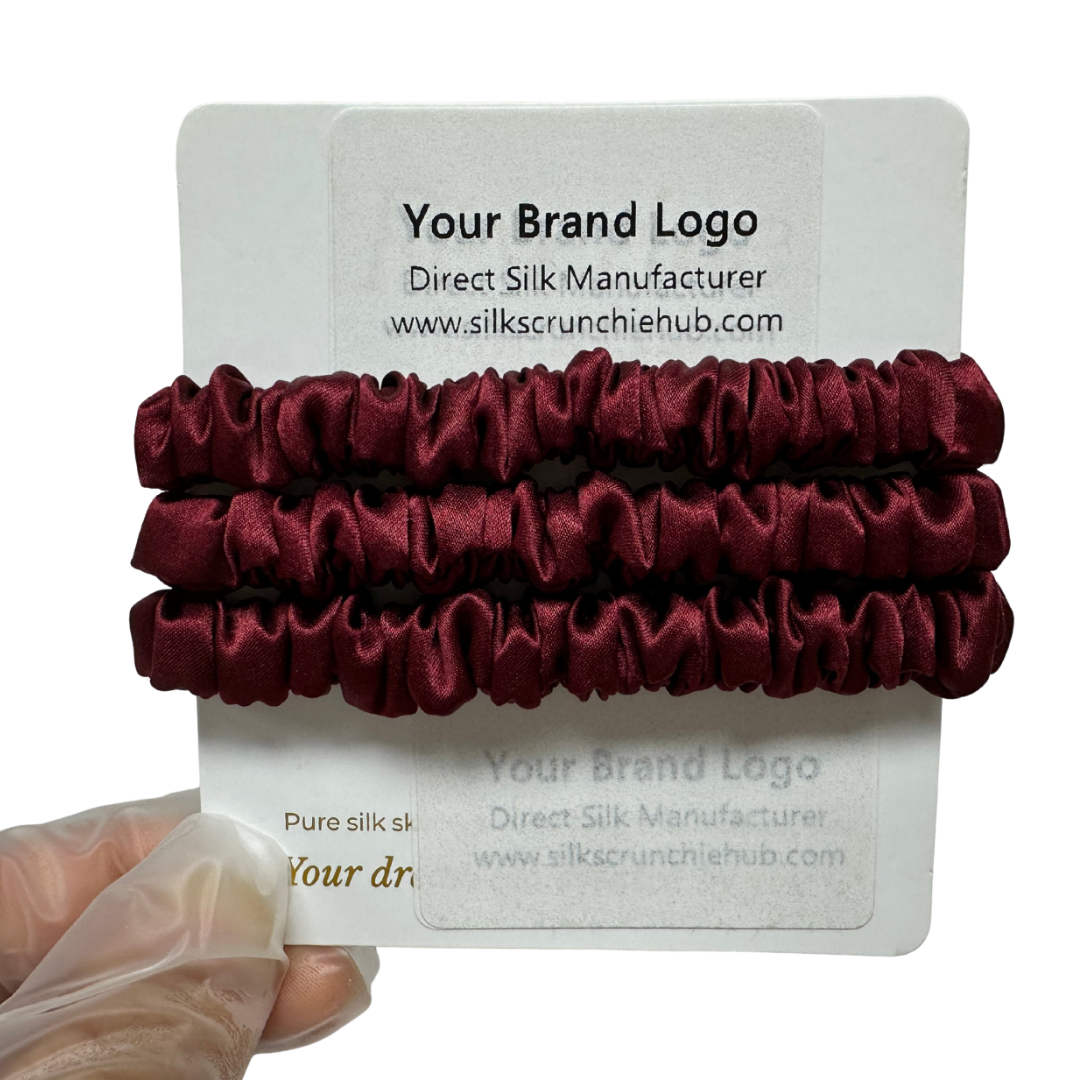 Dark Red Skinny Silk Scrunchie in stock, wholesale silk scrunchie from 1 piece, custom silk scrunchies with logo brand label, low MOQ.