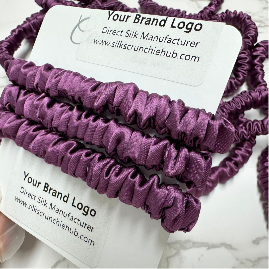 Dark Reddish Skinny Silk Scrunchie in stock, wholesale silk scrunchie from 1 piece, custom silk scrunchies with logo brand label, low MOQ.
