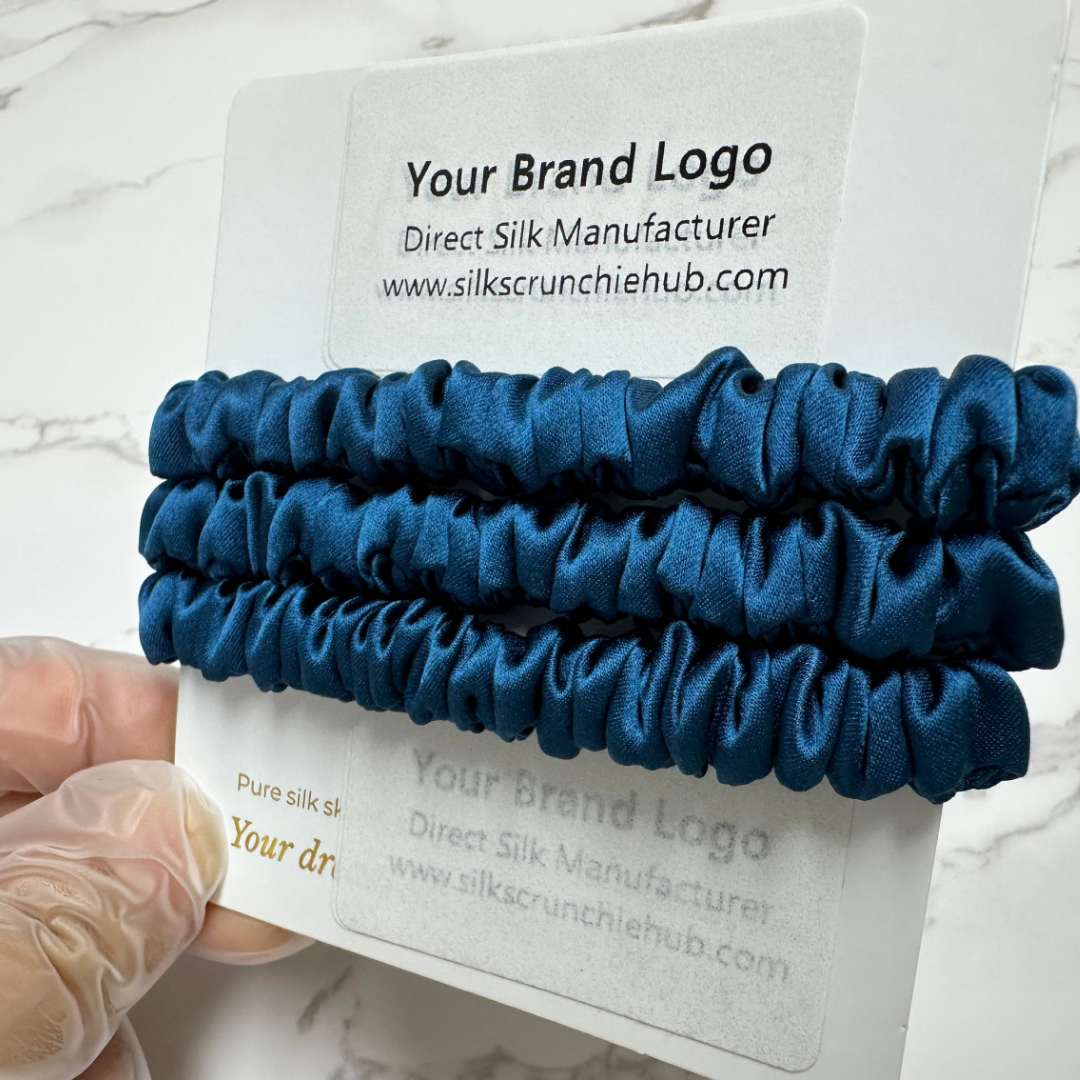 Deep Peacock Blue  Skinny Silk Scrunchie in stock, wholesale silk scrunchie from 1 piece, custom silk scrunchies with logo brand label, low MOQ.