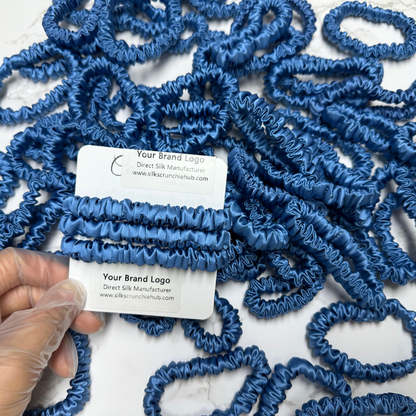 Indigo Blue Skinny Silk Scrunchie in stock, wholesale silk scrunchie from 1 piece, custom silk scrunchies with logo brand label, low MOQ.