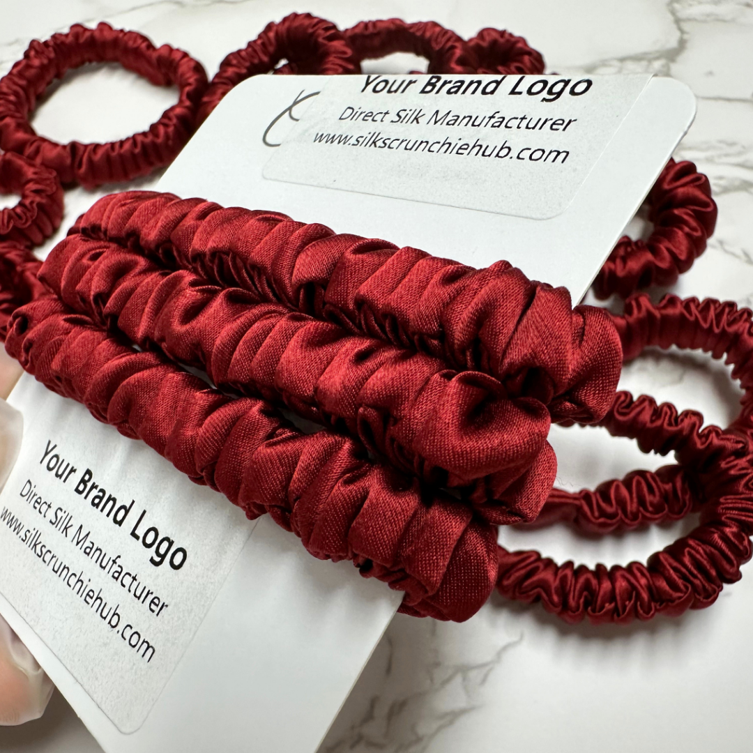 Coke Red Skinny Silk Scrunchie in stock, wholesale silk scrunchie from 1 piece, custom silk scrunchies with logo brand label, low MOQ.