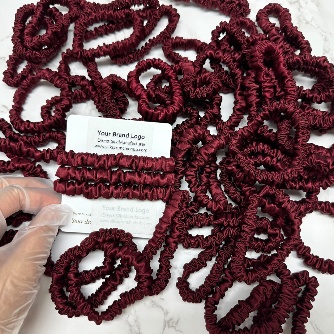 Dark Red Skinny Silk Scrunchie in stock, wholesale silk scrunchie from 1 piece, custom silk scrunchies with logo brand label, low MOQ.