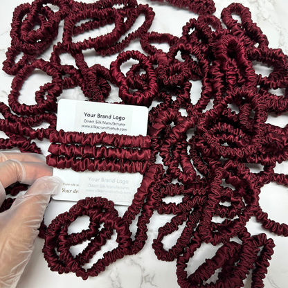 Dark Red Skinny Silk Scrunchie in stock, wholesale silk scrunchie from 1 piece, custom silk scrunchies with logo brand label, low MOQ.
