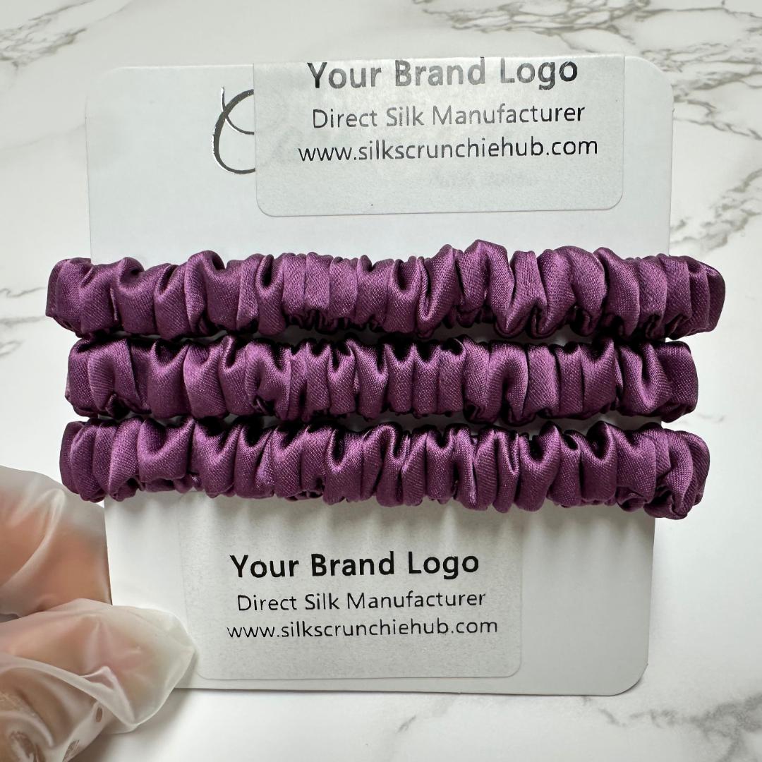 Dark Reddish Skinny Silk Scrunchie in stock, wholesale silk scrunchie from 1 piece, custom silk scrunchies with logo brand label, low MOQ.