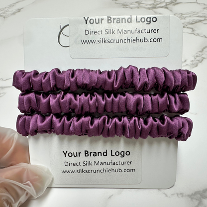 Dark Reddish Skinny Silk Scrunchie in stock, wholesale silk scrunchie from 1 piece, custom silk scrunchies with logo brand label, low MOQ.