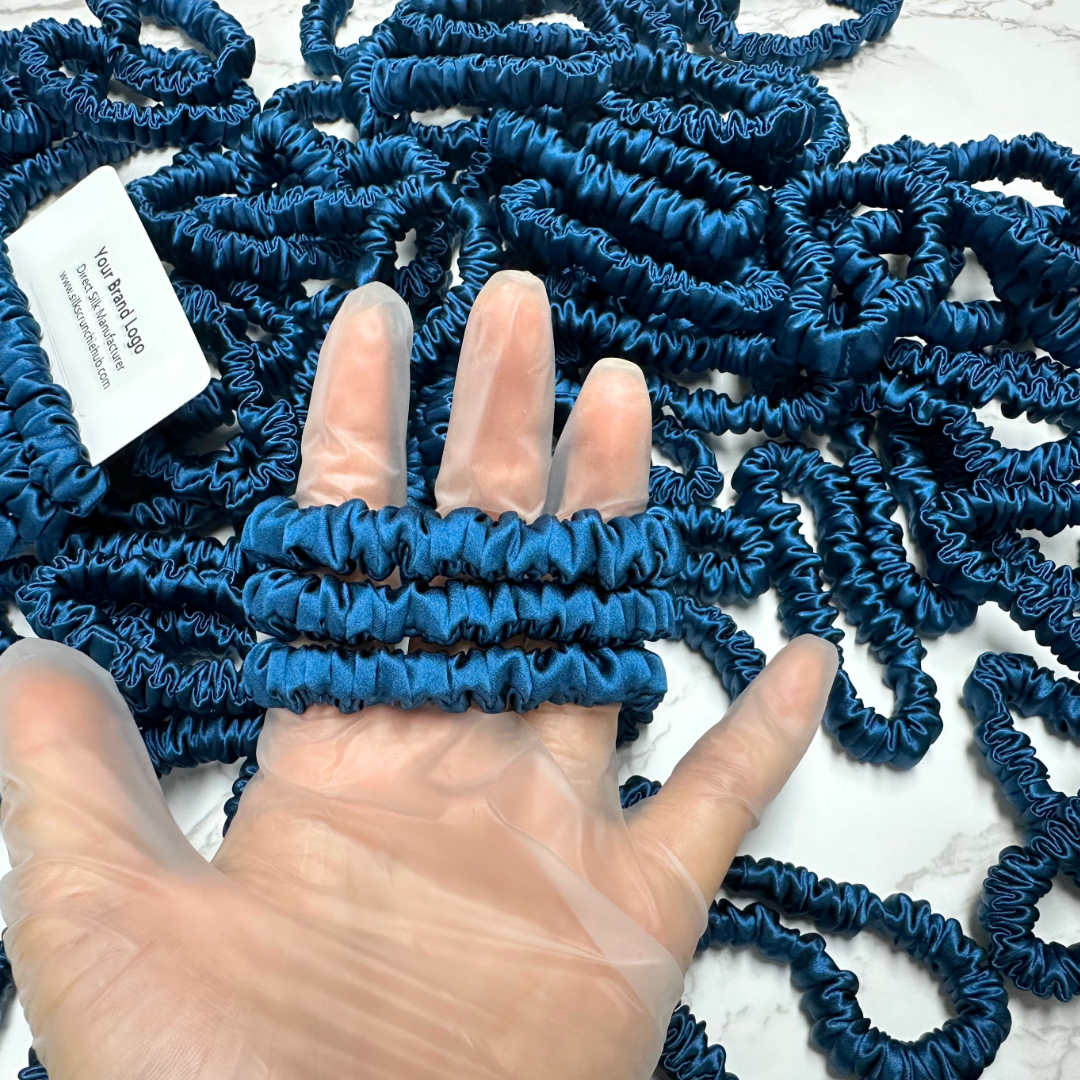 Deep Peacock Blue  Skinny Silk Scrunchie in stock, wholesale silk scrunchie from 1 piece, custom silk scrunchies with logo brand label, low MOQ.