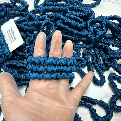 Deep Peacock Blue  Skinny Silk Scrunchie in stock, wholesale silk scrunchie from 1 piece, custom silk scrunchies with logo brand label, low MOQ.
