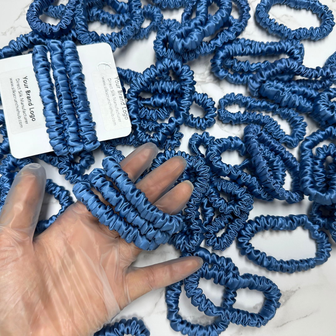 Indigo Blue Skinny Silk Scrunchie in stock, wholesale silk scrunchie from 1 piece, custom silk scrunchies with logo brand label, low MOQ.