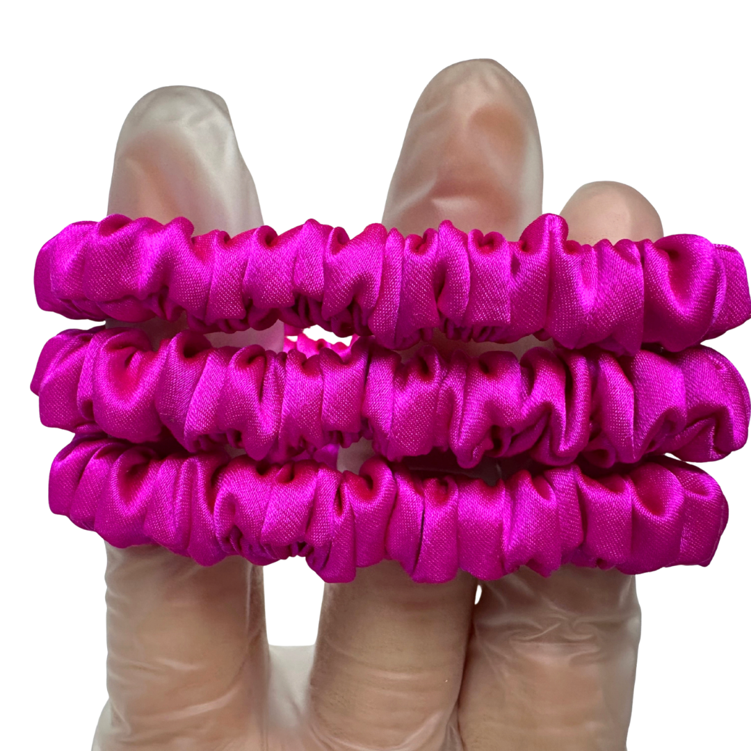 Bright Pink Skinny Silk Scrunchie Wholesale from 1 piece, custom silk scrunchie with brand logo low MOQ.
