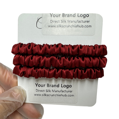 Coke Red Skinny Silk Scrunchie in stock, wholesale silk scrunchie from 1 piece, custom silk scrunchies with logo brand label, low MOQ.