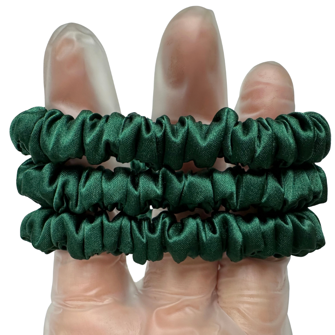 Dark Green Skinny Silk Scrunchie Wholesale from 1 piece, custom silk scrunchie with brand logo low MOQ.