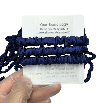 Deep Dark Blue Skinny Silk Scrunchie Wholesale from 1 piece, custom silk scrunchie with brand logo low MOQ.