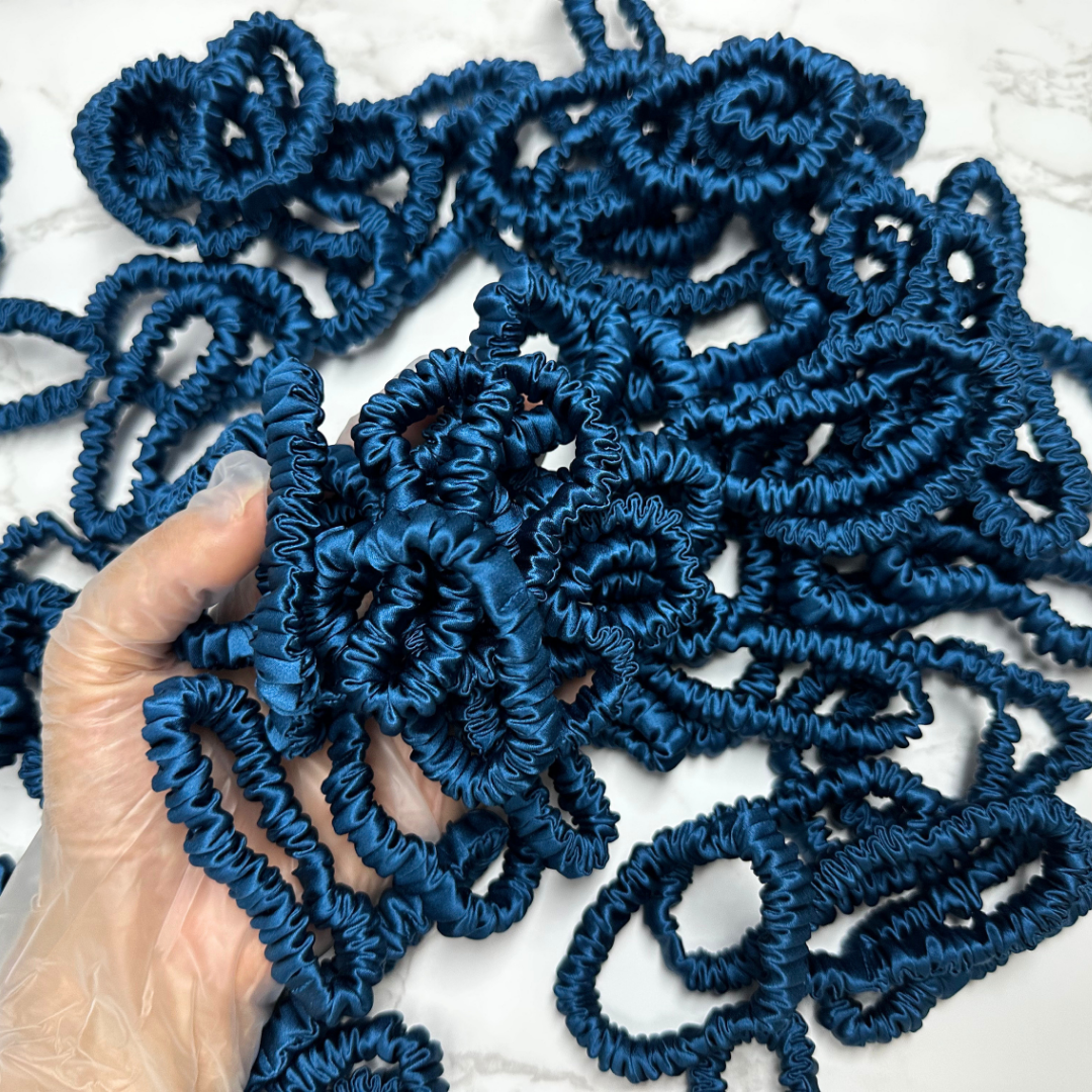 Deep Peacock Blue  Skinny Silk Scrunchie in stock, wholesale silk scrunchie from 1 piece, custom silk scrunchies with logo brand label, low MOQ.