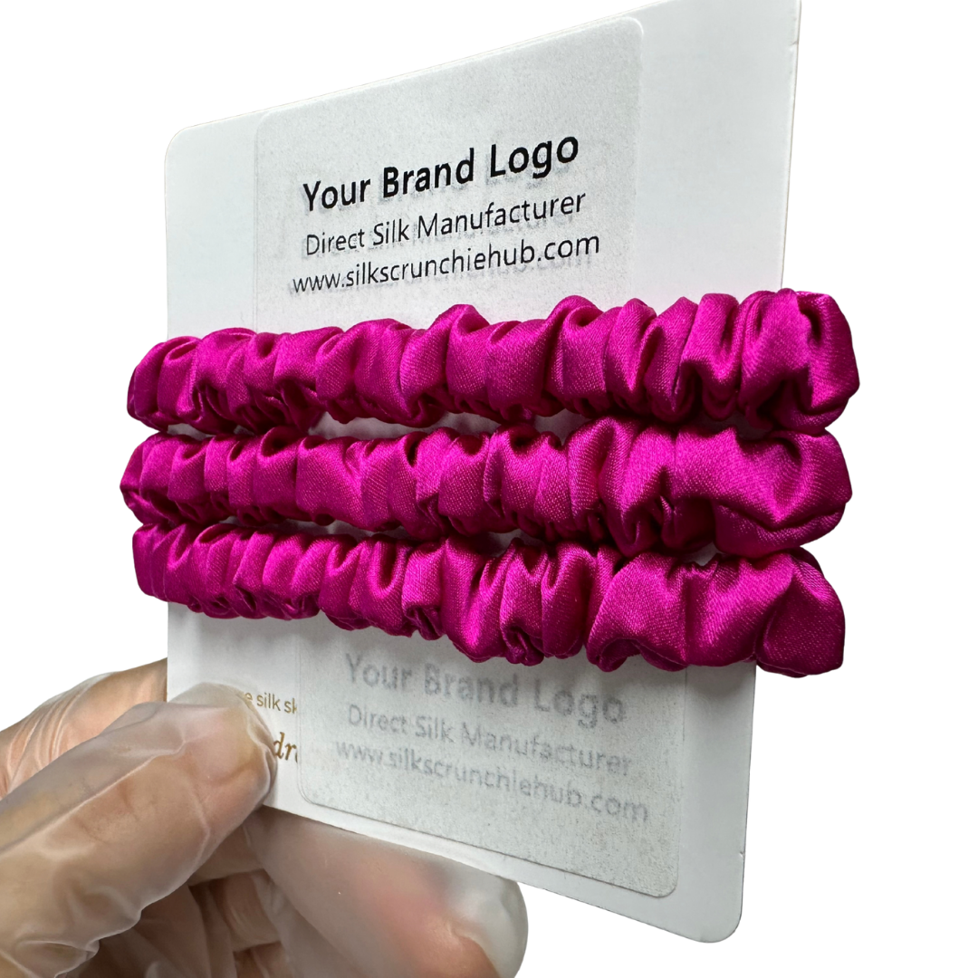 Deep Rose Pink Skinny Silk Scrunchie Wholesale from 1 piece, custom silk scrunchie with brand logo low MOQ.