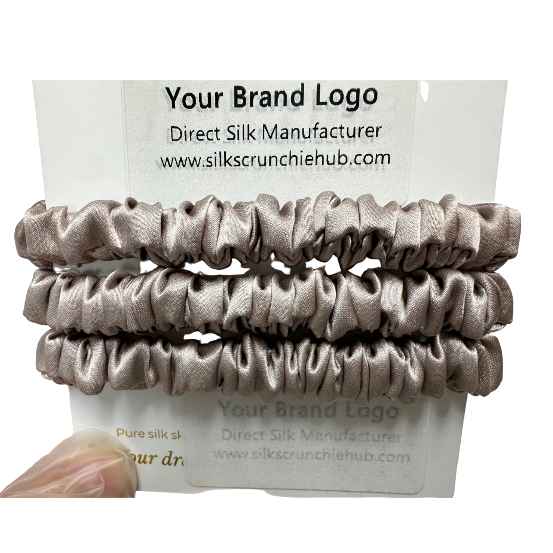 Light Root Skinny Silk Scrunchie Wholesale from 1 piece, custom silk scrunchie with brand logo low MOQ.