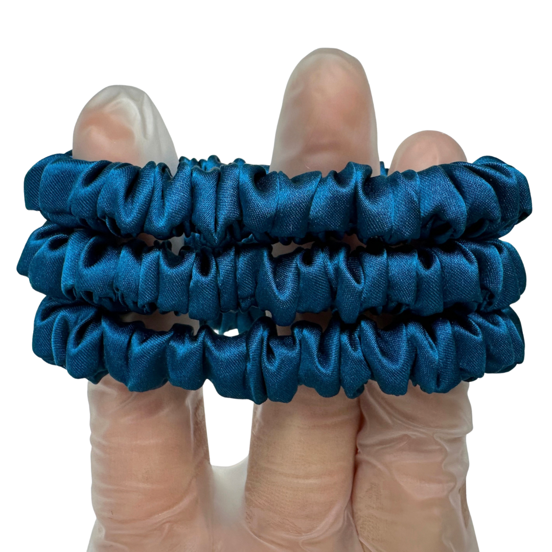 Peacock Blue Skinny Silk Scrunchie Wholesale from 1 piece, custom silk scrunchie with brand logo low MOQ.