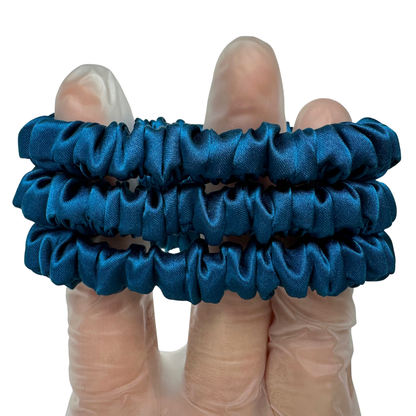 Peacock Blue Skinny Silk Scrunchie Wholesale from 1 piece, custom silk scrunchie with brand logo low MOQ.