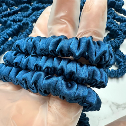 Deep Peacock Blue  Skinny Silk Scrunchie in stock, wholesale silk scrunchie from 1 piece, custom silk scrunchies with logo brand label, low MOQ.