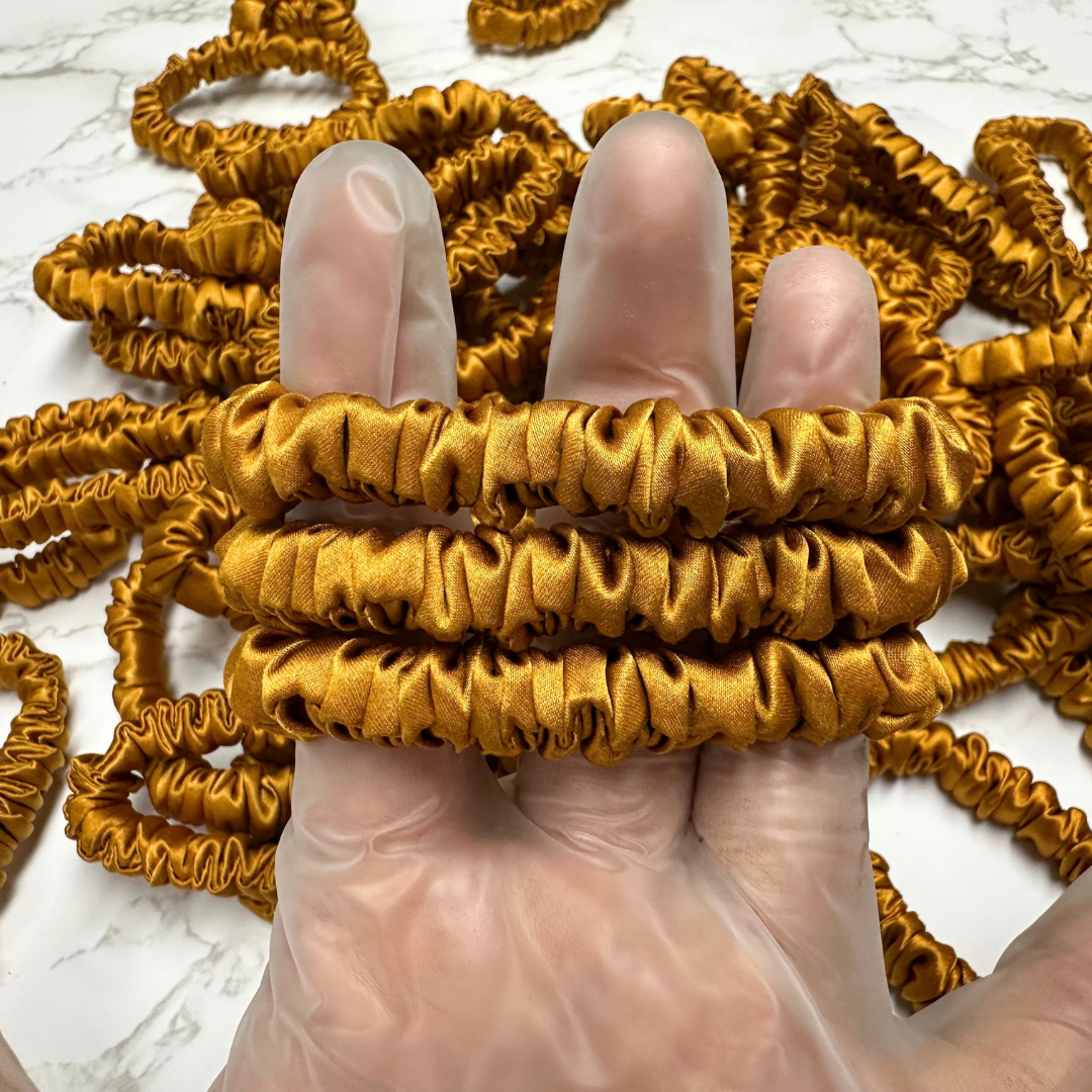 Amber Yellow Skinny Silk Scrunchie Wholesale from 1 piece, custom silk scrunchies with brand label, low MOQ.