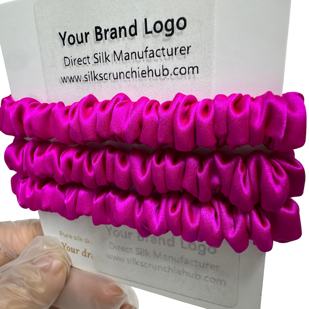 Bright Pink Skinny Silk Scrunchie Wholesale from 1 piece, custom silk scrunchie with brand logo low MOQ.