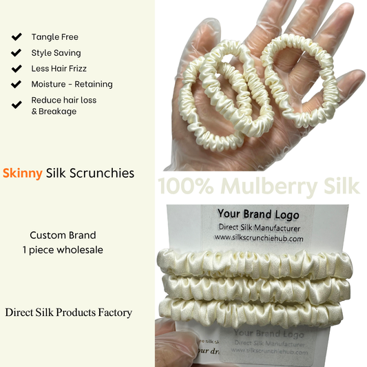 Cream Silk Scrunchie Wholesale from 1 piece, custom silk scrunchies with brand label, low MOQ.