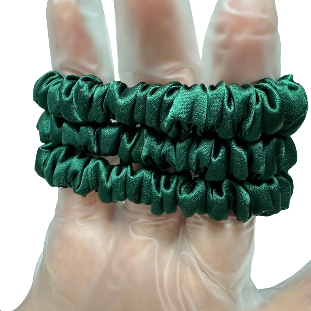 Dark Green Skinny Silk Scrunchie Wholesale from 1 piece, custom silk scrunchie with brand logo low MOQ.