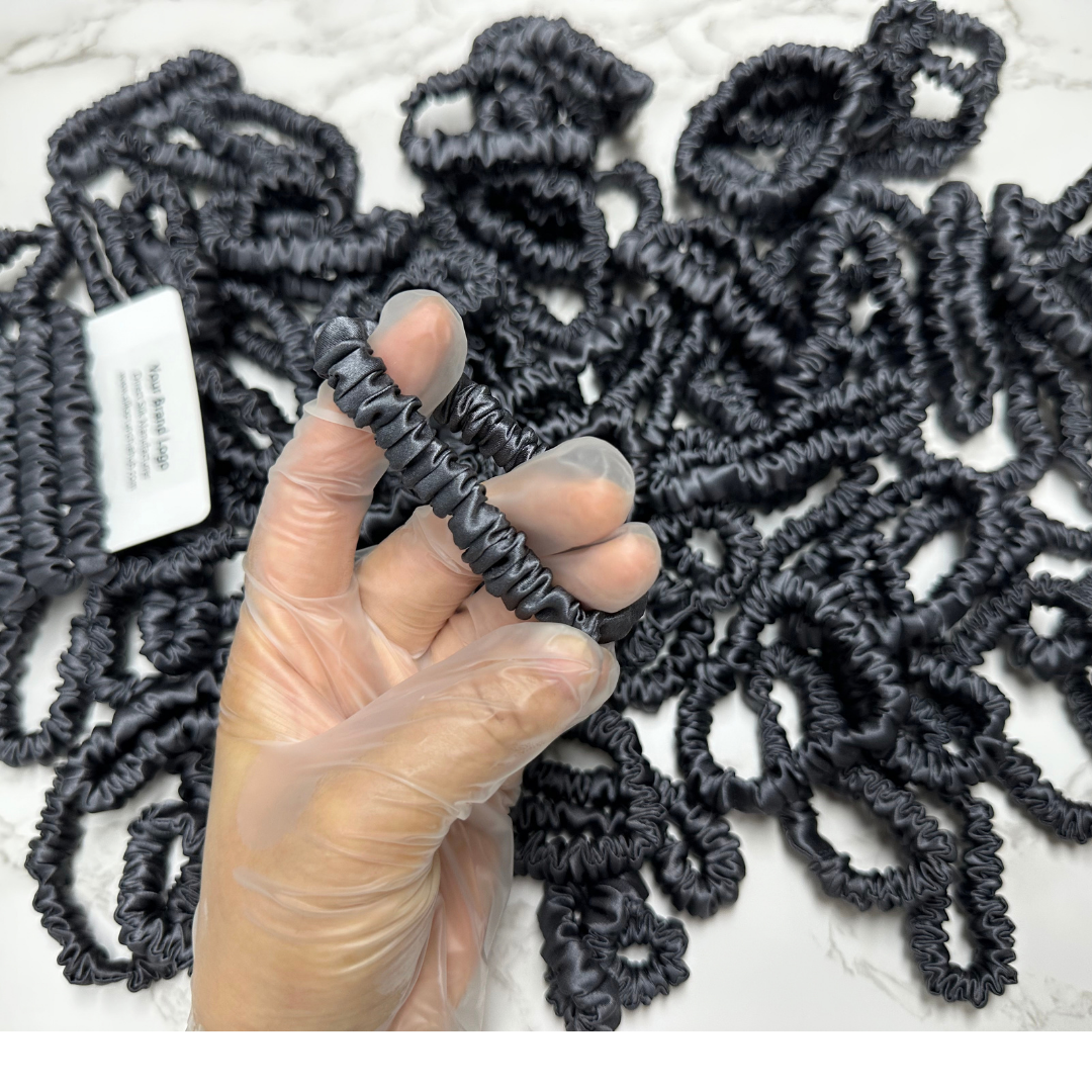 Dark Grey Skinny Silk Scrunchie Wholesale from 1 piece, custom silk scrunchie with brand logo low MOQ.