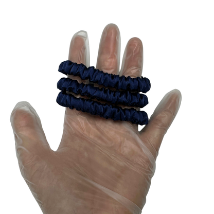 Dark Indigo Skinny Silk Scrunchie Wholesale from 1 piece, custom silk scrunchies with brand label, low MOQ.