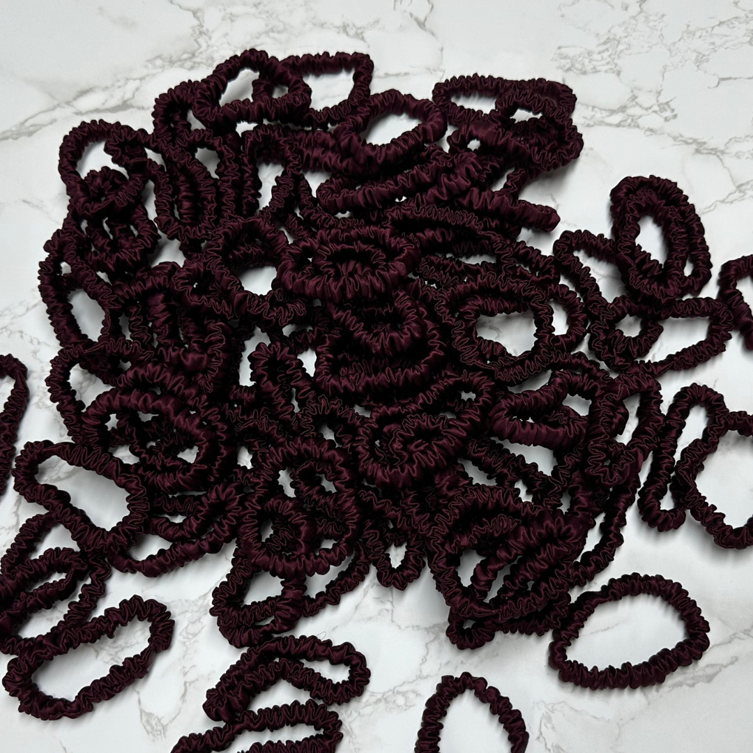 Dark Purple Red Silk Scrunchie Wholesale from 1 piece, custom silk scrunchies with brand label, low MOQ.
