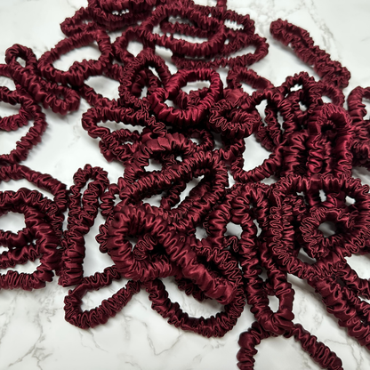 Dark Red Skinny Silk Scrunchie in stock, wholesale silk scrunchie from 1 piece, custom silk scrunchies with logo brand label, low MOQ.