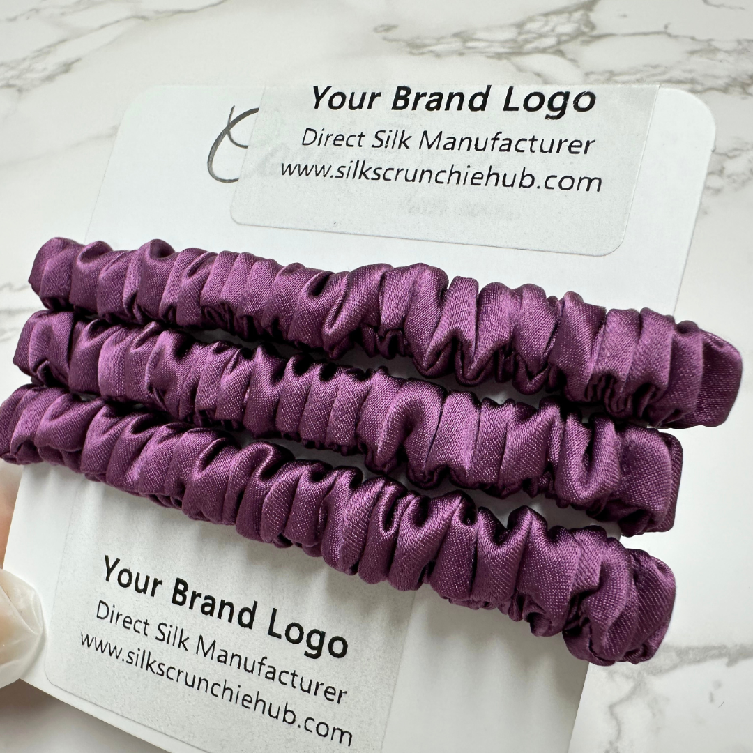Dark Reddish Skinny Silk Scrunchie in stock, wholesale silk scrunchie from 1 piece, custom silk scrunchies with logo brand label, low MOQ.