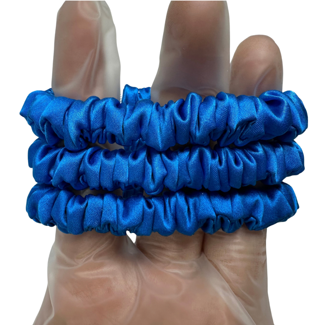 Deep-Bright-Blue Silk Scrunchie Wholesale from 1 piece, custom silk scrunchies with brand label, low MOQ.
