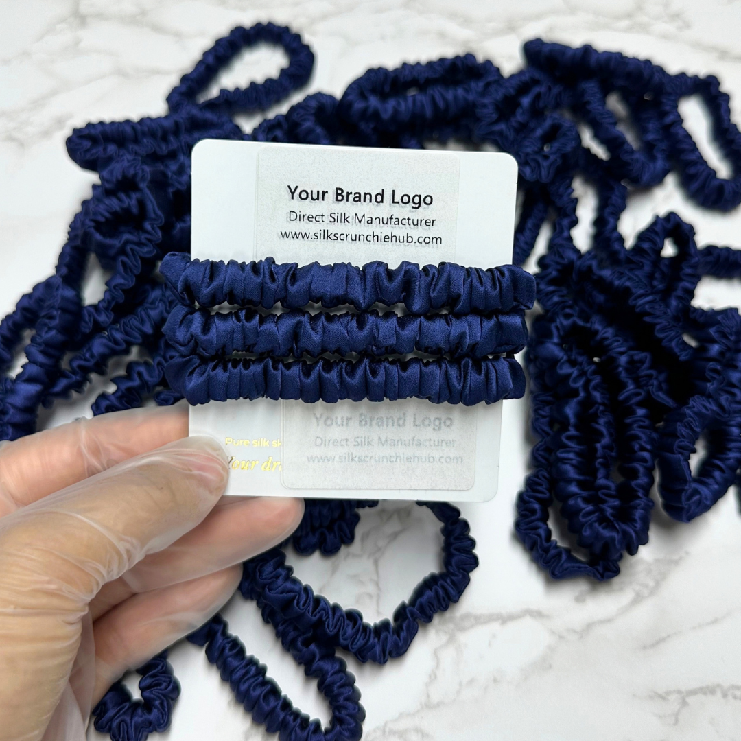 Deep Dark Blue Skinny Silk Scrunchie Wholesale from 1 piece, custom silk scrunchie with brand logo low MOQ.