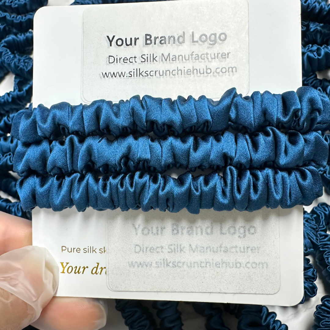 Deep Peacock Blue  Skinny Silk Scrunchie in stock, wholesale silk scrunchie from 1 piece, custom silk scrunchies with logo brand label, low MOQ.