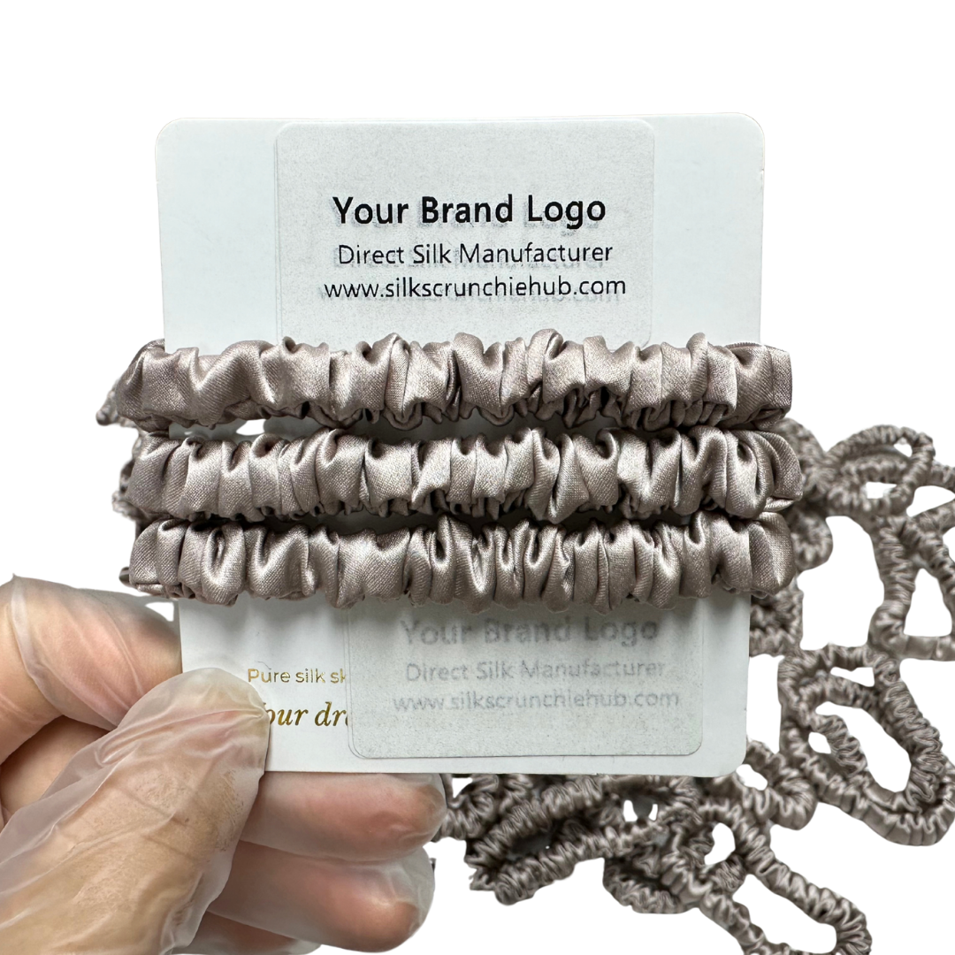 Light Root Skinny Silk Scrunchie Wholesale from 1 piece, custom silk scrunchie with brand logo low MOQ.
