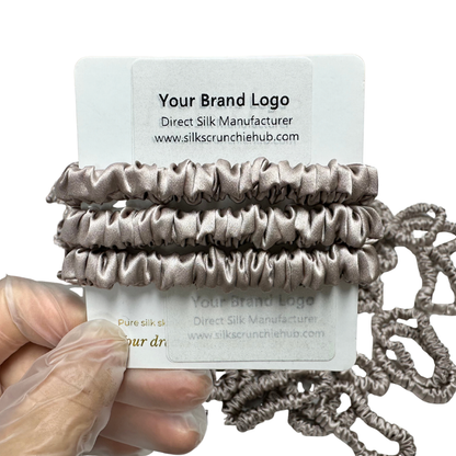 Light Root Skinny Silk Scrunchie Wholesale from 1 piece, custom silk scrunchie with brand logo low MOQ.