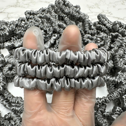 Middle Grey Silk Scrunchie Wholesale from 1 piece, custom silk scrunchies with brand label, low MOQ.