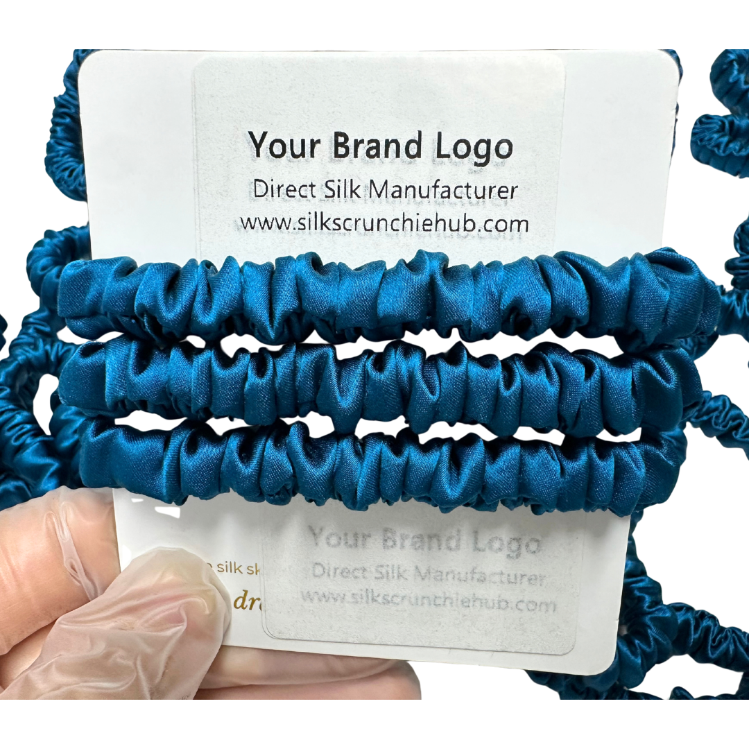 Peacock Blue Skinny Silk Scrunchie Wholesale from 1 piece, custom silk scrunchie with brand logo low MOQ.