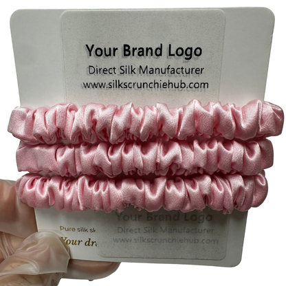 Pink Skinny Silk Scrunchie Wholesale from 1 piece, custom silk scrunchie with brand logo low MOQ.
