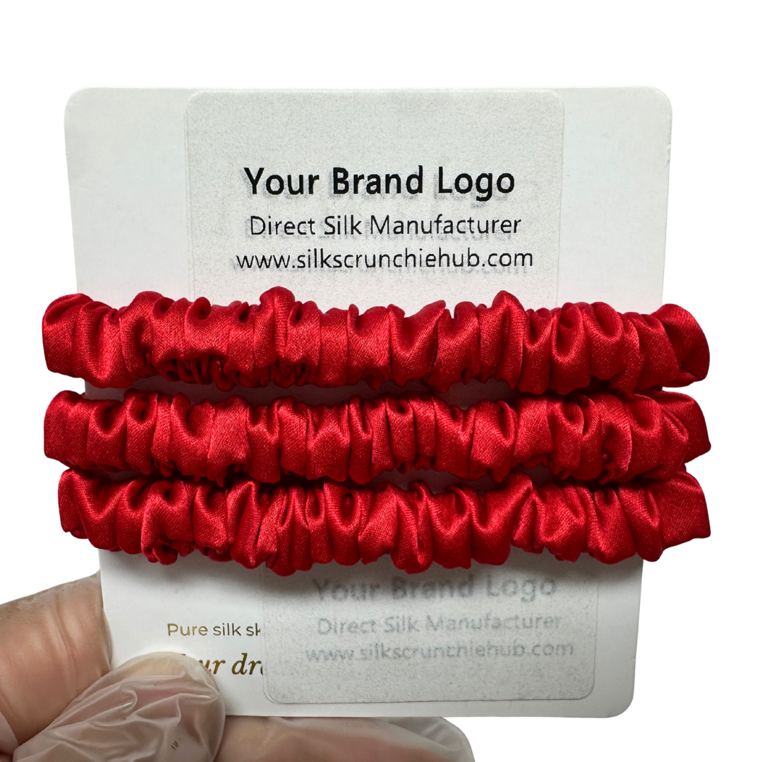 Pomegranate Red Skinny Silk Scrunchie Wholesale from 1 piece, custom silk scrunchie with brand logo low MOQ.
