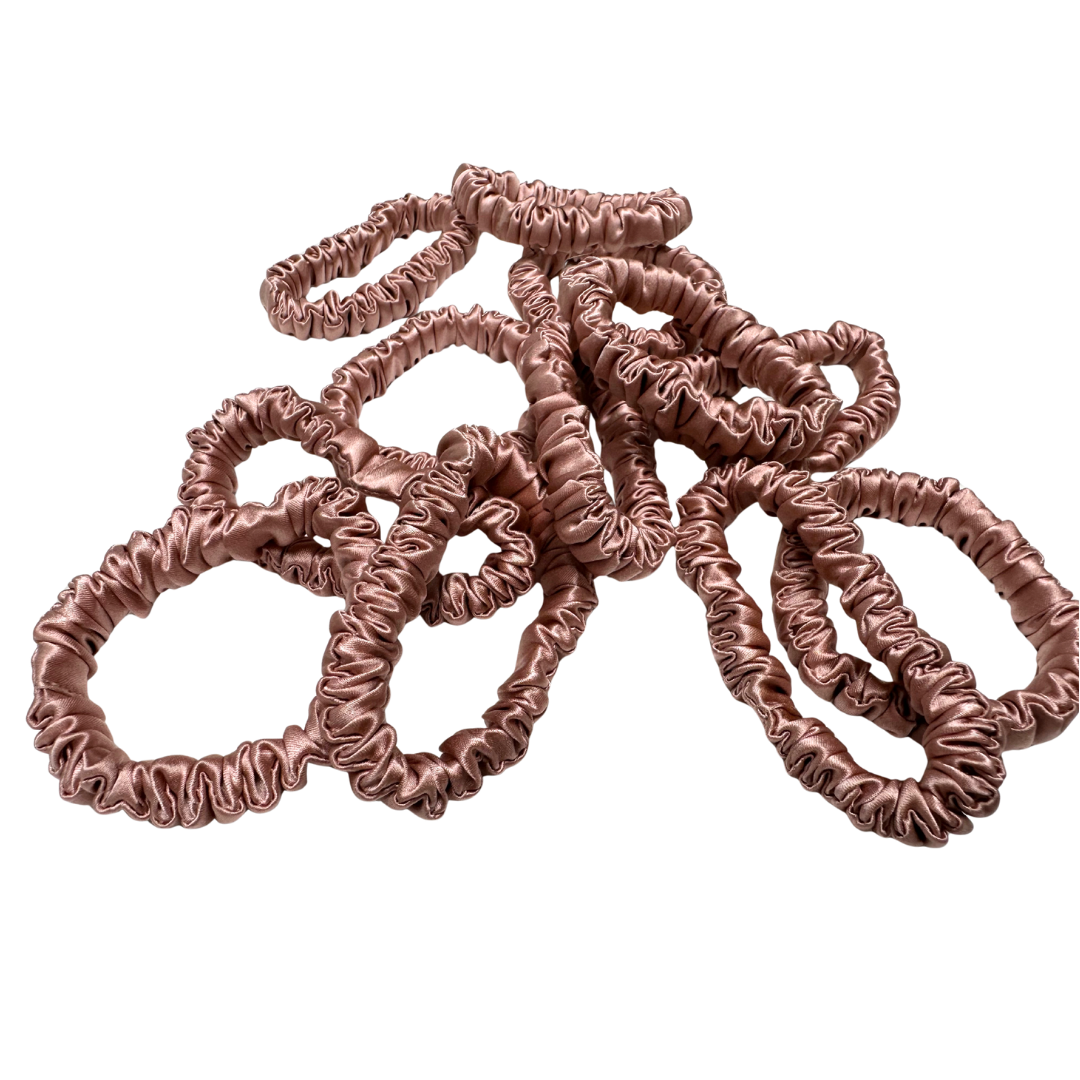 Red Beans Skinny Silk Scrunchie Wholesale from 1 piece, custom silk scrunchies with brand label, low MOQ.