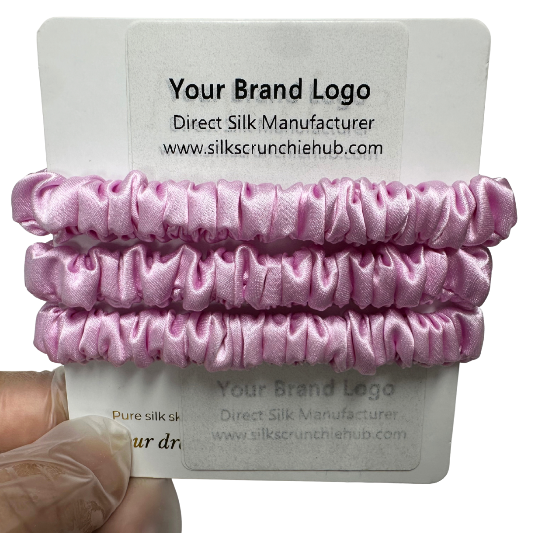 Sakura Skinny Silk Scrunchie Wholesale from 1 piece, custom silk scrunchies with brand label, low MOQ.