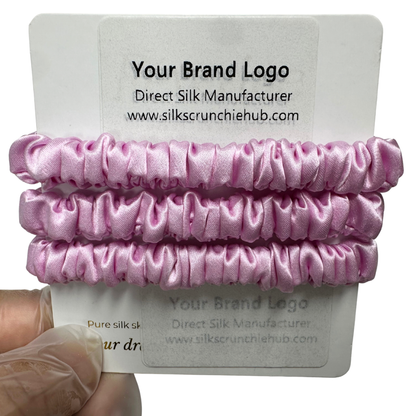 Sakura Skinny Silk Scrunchie Wholesale from 1 piece, custom silk scrunchies with brand label, low MOQ.