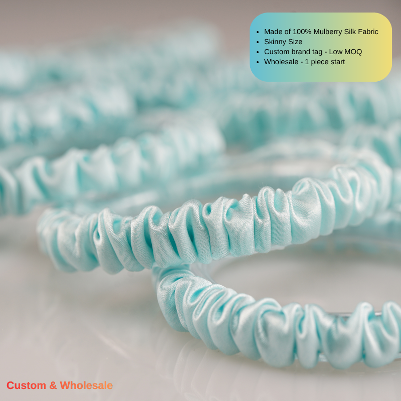 aqua blue silk skinny scrunchie bulk low MOQ for small business