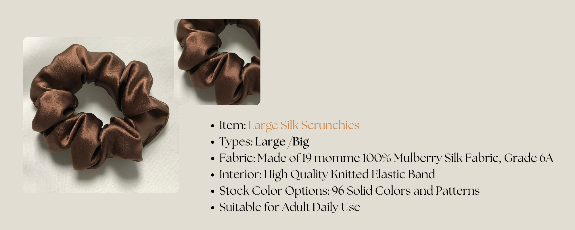 Large silk scrunchies wholesale custom, 1 piece wholesale, custom brand low MOQ